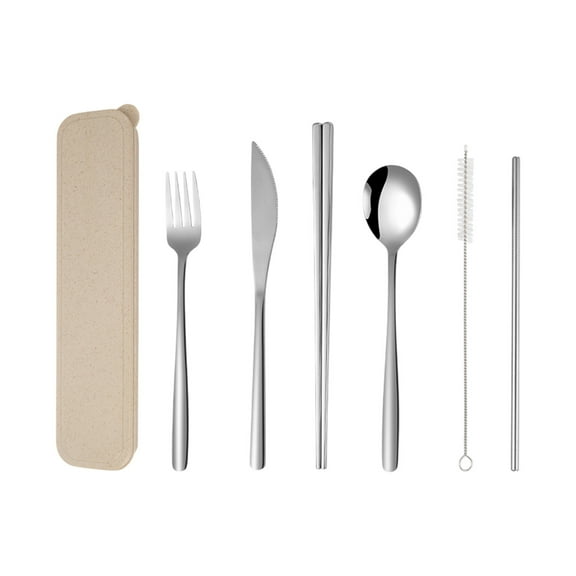 Korean Stainless Steel Cutlery Set - 7 Pcs Knife Fork Spoon Chopsticks Straw Brush with Storage Bag for Outdoor Camping and Dining