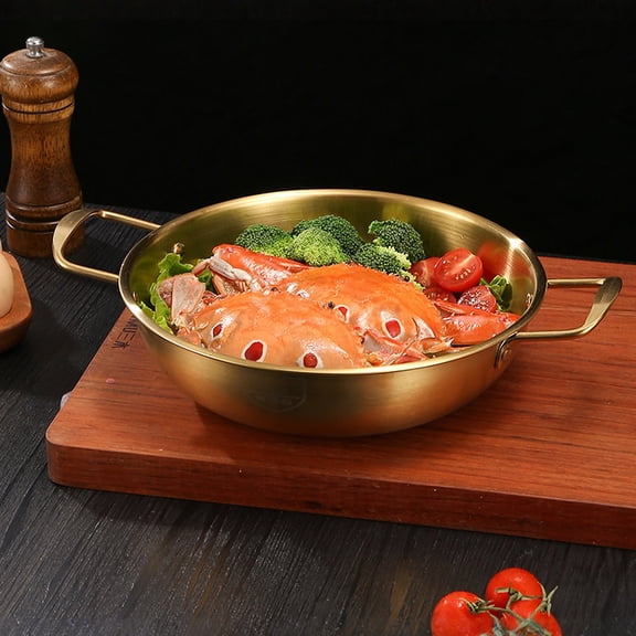 Korean Stainless Steel Ramen Pot 7.9 in Double Handle Soup Pot, Small Hot Pot Noodle Cooker for Gas Stove, Seafood Stew Pan for Home Kitchen Easter Gifts, Gold