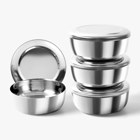 Korean Stainless Steel Rice Serving Bowls with Covers, Set of 4, Keep Your Food Hot & Cold, Long-Lasting Durability, Traditional Kitchenware for Home & Restaurants, Made in Korea