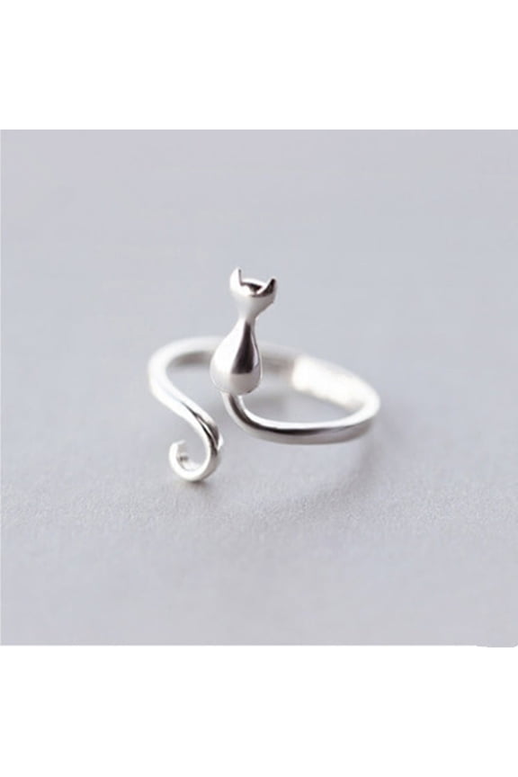 Womens Silver Ring with Sweet Cat Design Animal Zodiac Ring Korean Fashion Jewelry Gift for Her Delicate Silver Ring