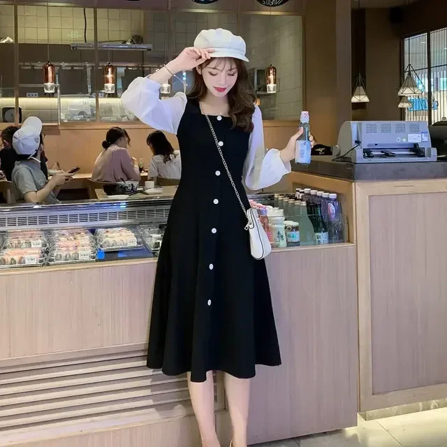 Korean Style Black Dress Women Vintage Square Collar Long Sleeve Midi Dresses 2022 Kpop Fashion Autumn Robes Female Walmart