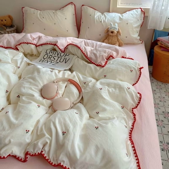 Korean Style Cartoon Bedding Set for Kids 4-Piece Soft Breathable Shell Edge Design Twin Full Queen Size Duvet Cover Fitted Sheet Pillowcases