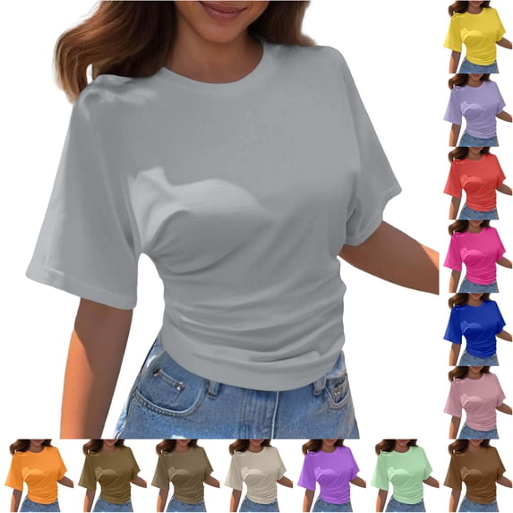 Korean Style Casual Short Sleeve T Shirt Loose Fit Color Round Neck Summer Basic Top Comfortable Daily Wear Casual Short Sleeve Tops for Women M