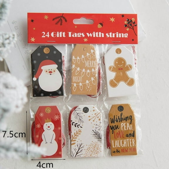 Korean Style Christmas Gift Tags with String, 24 Pack Holiday Tree Decorations, Paper Hang Tags for Presents
