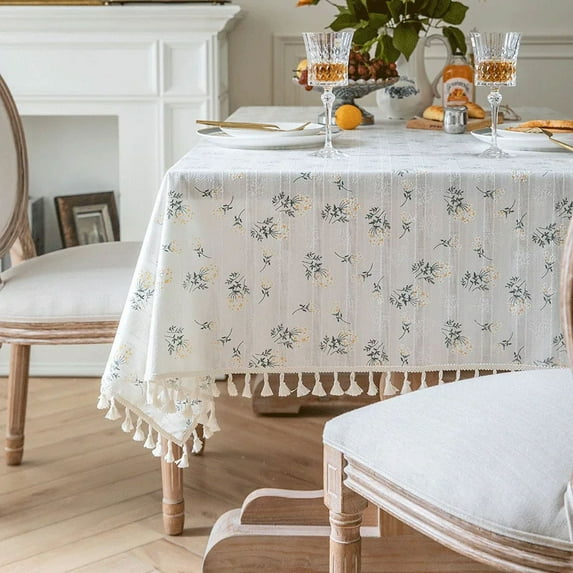 Korean Style Daisy Tassels Cotton Floral Tablecloth,Tea Table Decoration,Rectangle Table Cover for Kitchen Wedding Dining Room (Floral-white Tassels,140x260cm)