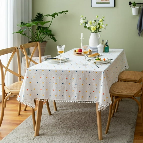Korean Style Daisy Tassels Cotton Floral Tablecloth,Tea Table Decoration,Rectangle Table Cover for Kitchen Wedding Dining Room (White multicolor,90x90cm)