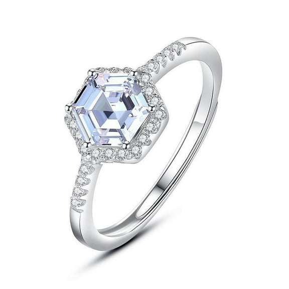 Korean Style Fashion Ring: Hexagon Simulated Diamond Ring for Women, Geometric Design, Silver