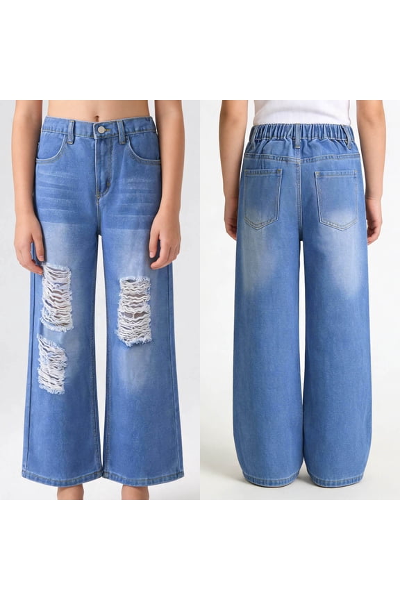 Korean Style Girls Distressed Denim y2k Jeans , Casual Baggy Jeans for Teens, Fashion Autumn Spring Long Trousers Jeans for Girls(BlueB,6-7 Years)