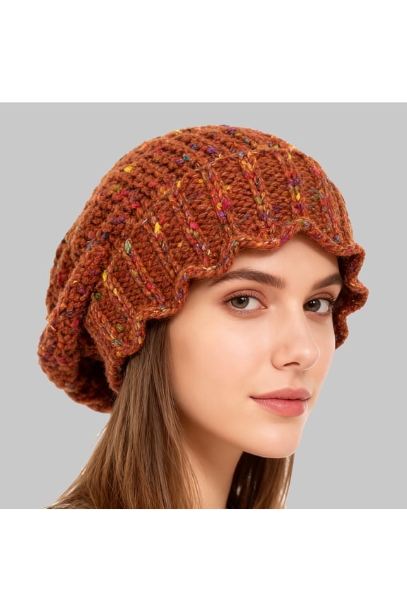 Korean Style Knitted Beanie, Autumn Winter Warm Slouchy Hat with Rainbow Bean Design, Large Head Circumference Pullover Cap, Face Slimming Oversized Acrylic Stocking Hat for Women and Men - Orange