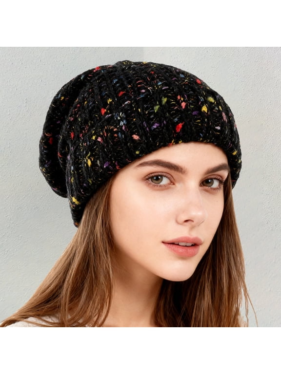 Korean Style Knitted Beanie, Autumn Winter Warm Slouchy Hat with Rainbow Bean Design, Large Head Circumference Pullover Cap, Face Slimming Oversized Acrylic Stocking Hat for Women and Men - Black