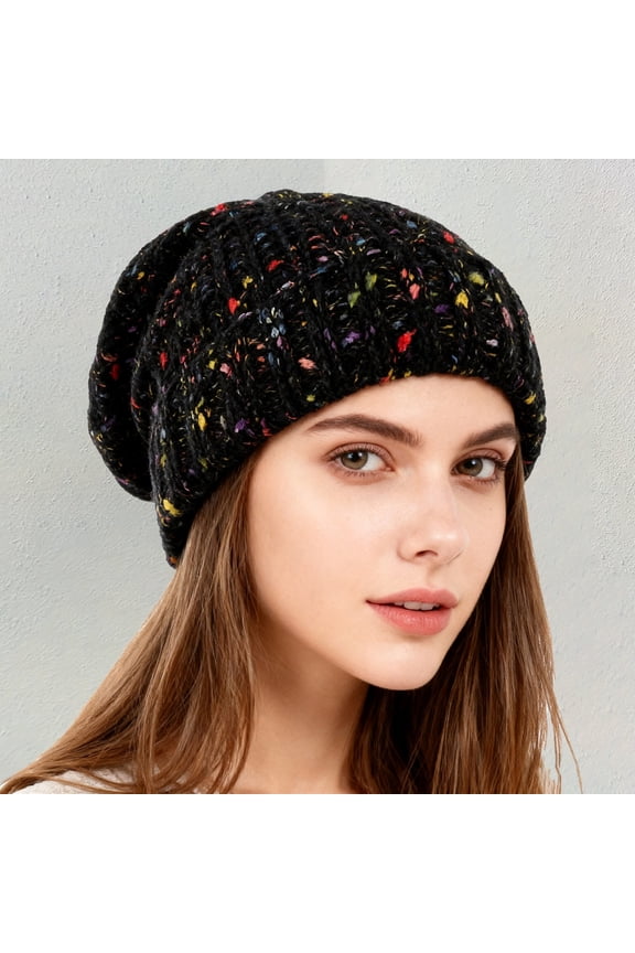 Korean Style Knitted Beanie, Autumn Winter Warm Slouchy Hat with Rainbow Bean Design, Large Head Circumference Pullover Cap, Face Slimming Oversized Acrylic Stocking Hat for Women and Men - Black