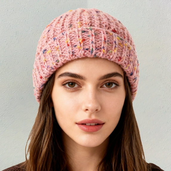 Korean Style Knitted Beanie, Autumn Winter Warm Slouchy Hat with Rainbow Bean Design, Large Head Circumference Pullover Cap, Face Slimming Oversized Acrylic Stocking Hat for Women and Men - Pink