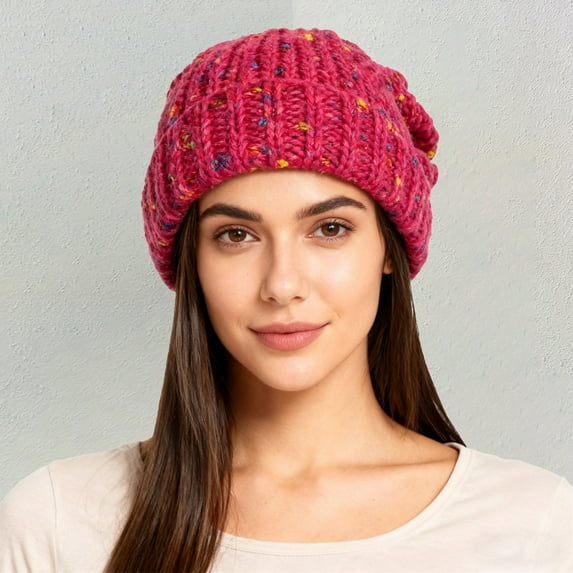 Korean Style Knitted Beanie, Autumn Winter Warm Slouchy Hat with Rainbow Bean Design, Large Head Circumference Pullover Cap, Face Slimming Oversized Acrylic Stocking Hat for Women and Men - Hot Pink