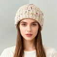 thumbnail image 1 of Korean Style Knitted Beanie, Autumn Winter Warm Slouchy Hat with Rainbow Bean Design, Large Head Circumference Pullover Cap, Face Slimming Oversized Acrylic Stocking Hat for Women and Men - Beige, 1 of 5