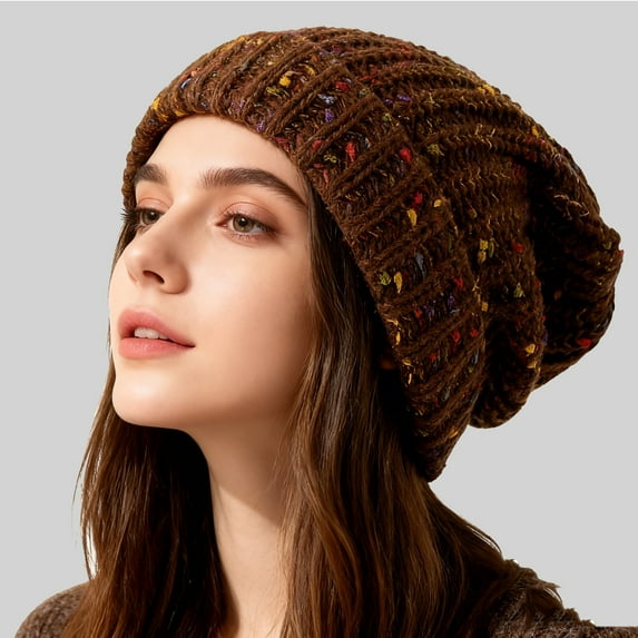 Korean Style Knitted Beanie, Autumn Winter Warm Slouchy Hat with Rainbow Bean Design, Large Head Circumference Pullover Cap, Face Slimming Oversized Acrylic Stocking Hat for Women and Men - Coffee