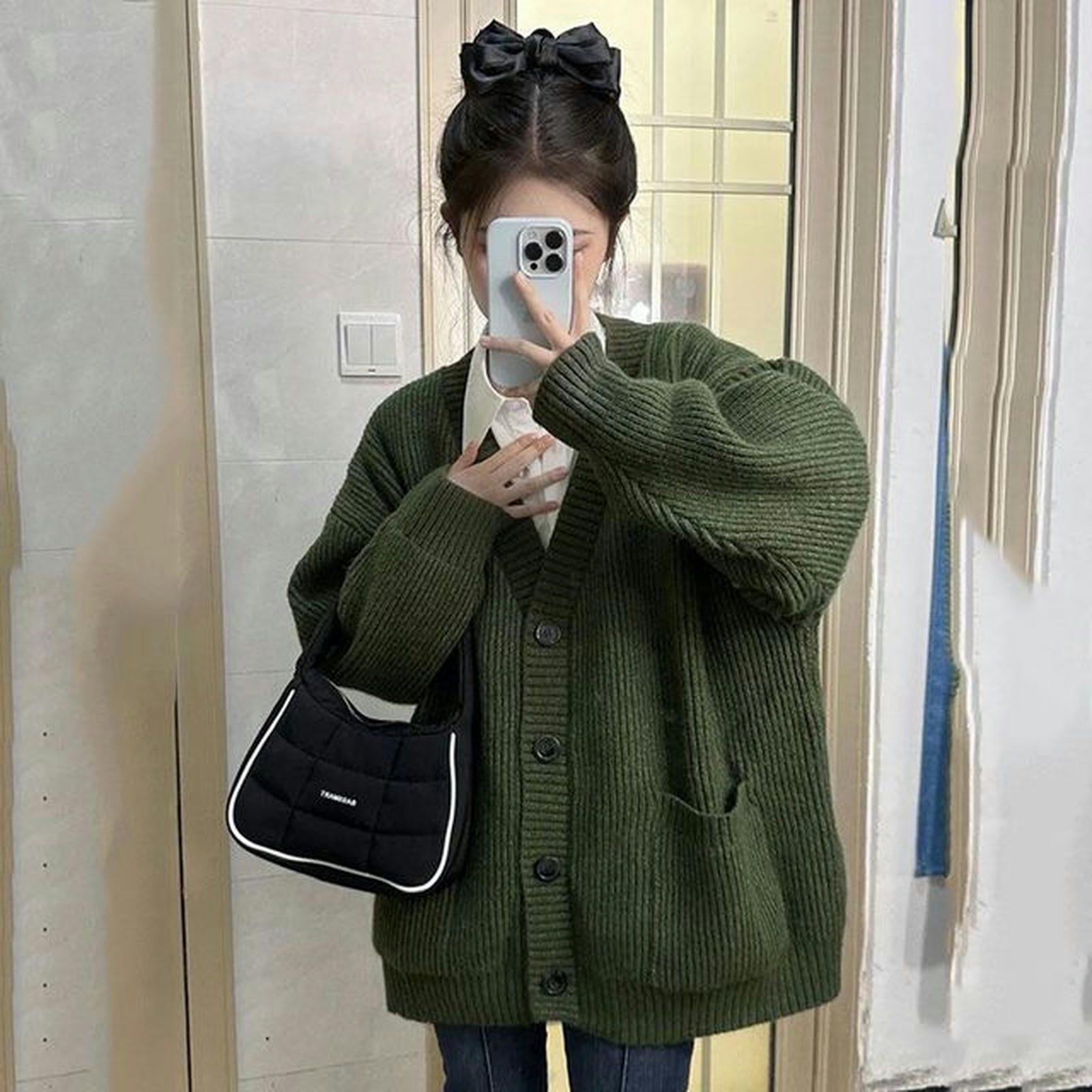 Korean Style Knitted Cardigan Vintage Harajuku Fashion Green Sweater Women Preppy Button Knitwear Oversized Aesthetic Green S Walmart