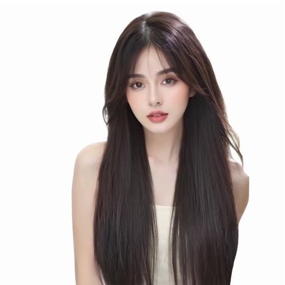 Korean Style Long Straight Hair Wig for Women - Medium Parted Bangs, Full Head Coverage