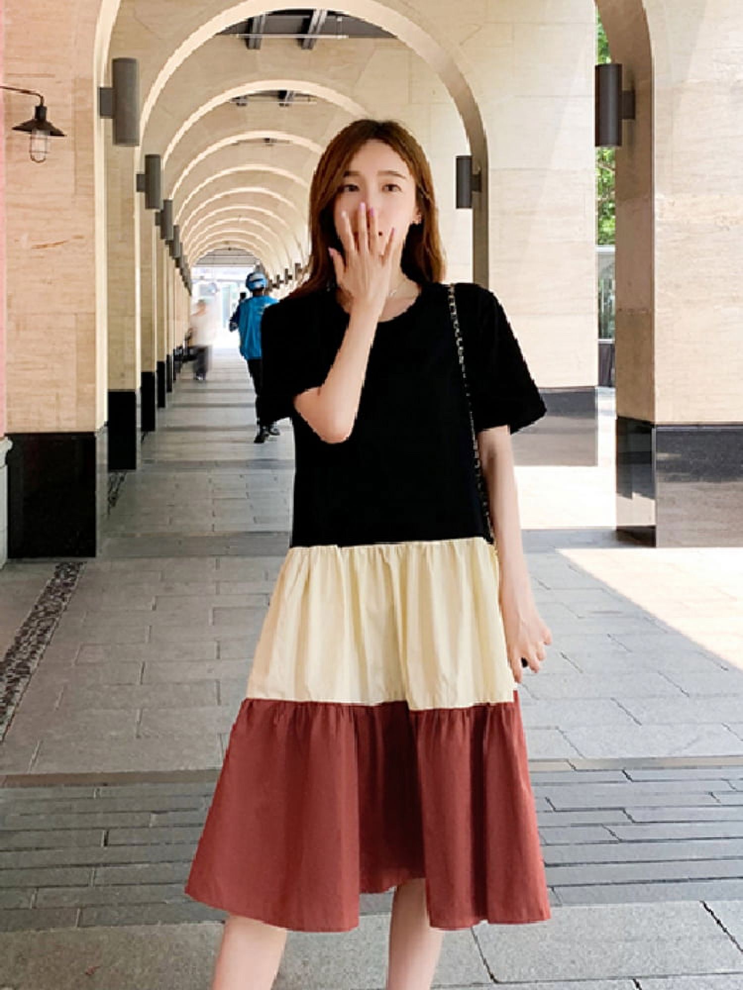 Korean Style Loose Maternity Dress Short Sleeve O Neck Block Color Patchwork Pregnant Woman A Line Dress Preppy Style Clothes Walmart