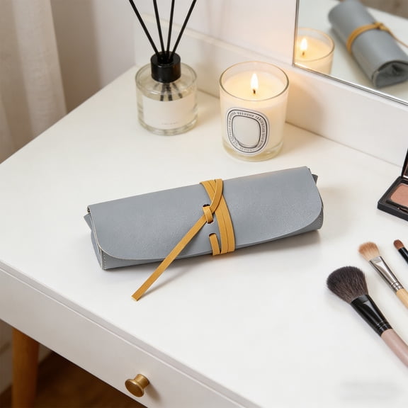 Korean Style Makeup Bag, Portable Double-Sided Leather Cosmetic Organizer with Eyebrow Pencil and Eyeshadow Brush Storage, Compact Travel Beauty Pouch for Daily Use Work and On-the-Go Touch-Ups-Blue