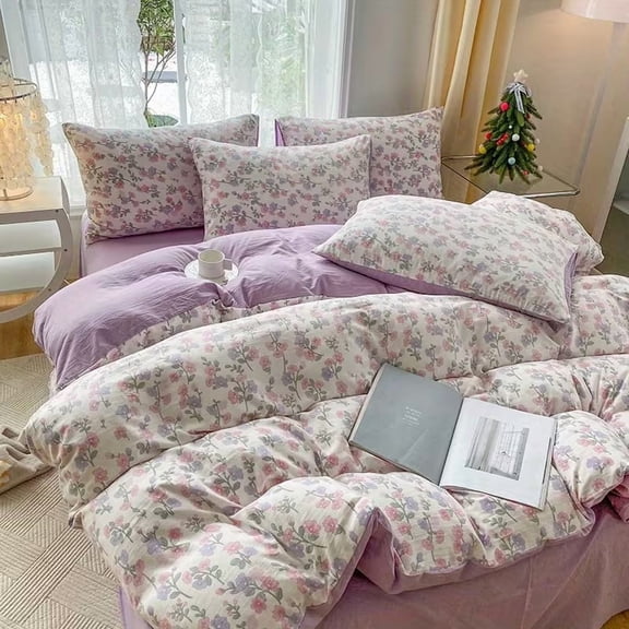 Korean-Style Minimalist Floral Duvet Cover and Pillowcase Set - 3pcs Soft Polyester Bedding for All Seasons