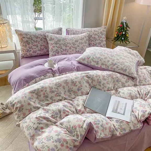 Korean-Style Minimalist Floral Duvet Cover and Pillowcase Set - 3pcs, Soft and Breathable Polyester Bedding for All Seasons
