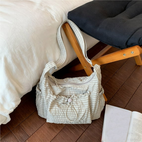 Korean Style Plaid Casual Shoulder Bag, Lightweight Checkered Crossbody Bag (Beige One Size)