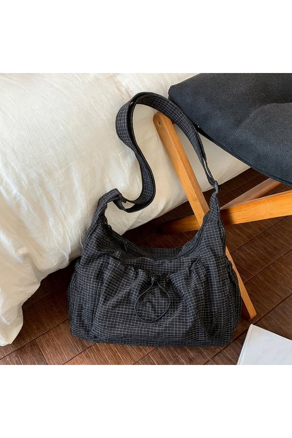 Korean Style Plaid Casual Shoulder Bag, Lightweight Checkered Crossbody Bag (Black One Size)