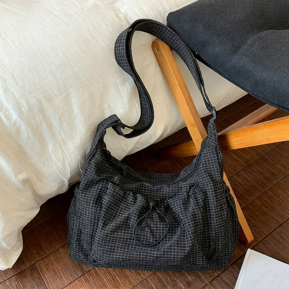 Korean Style Plaid Casual Shoulder Bag, Lightweight Checkered Crossbody Bag (Black One Size)