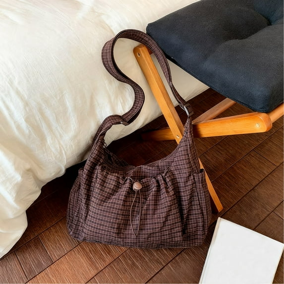 Korean Style Plaid Casual Shoulder Bag, Lightweight Checkered Crossbody Bag (Brown One Size)