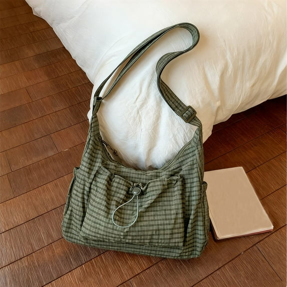 Korean Style Plaid Casual Shoulder Bag, Lightweight Checkered Crossbody Bag (Green One Size)