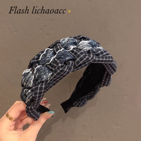 Korean Style Plaid Fabric Braided Wide Edge Sparkle Hairband New Versatile Hair Clip