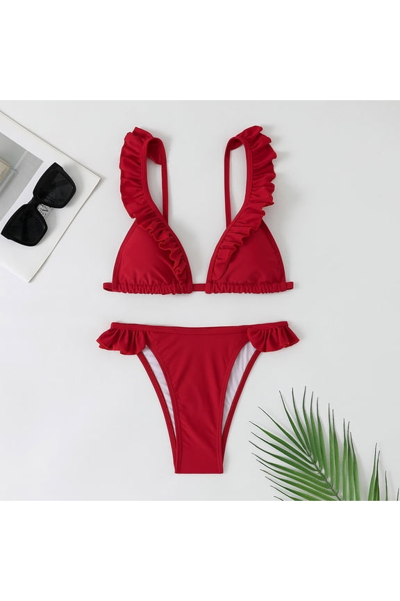 Korean Style Ruffle Bikini Swimsuit Pure Desire Two Piece Elegant Bathing for Hot Beach Red S