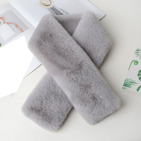 Korean Style Simple Solid Color Plush Scarf, Thick Winter Scarf for Women, Warm Faux Fur Neck Warmer and Cross Wrap Scarf, Lightweight Soft Winter Accessory - Grey