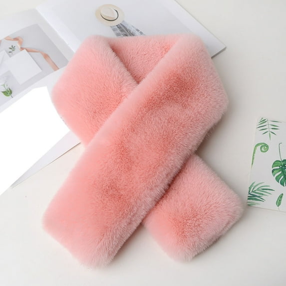 Korean Style Simple Solid Color Plush Scarf, Thick Winter Scarf for Women, Warm Faux Fur Neck Warmer and Cross Wrap Scarf, Lightweight Soft Winter Accessory - Pink