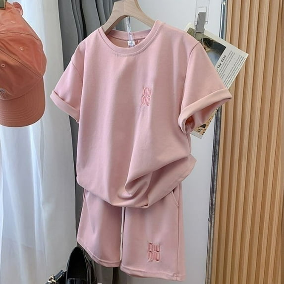 Korean Style Summer Casual Two-Piece Set For Women Featuring Embroidered Short Sleeves And Versatile Shorts, Perfect For Sporty Outdoor Wear.