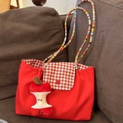 Korean Style Tote Bag for Women, Large Capacity Canvas Shoulder Bag, Plaid Casual Handbag for College Work CommuteRed