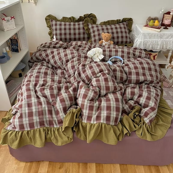Korean-Style Vintage Lace Plaid Bedding Set - 4-Piece Duvet Cover, Flat Sheet & Pillowcases - Soft & Comfortable for All Seasons
