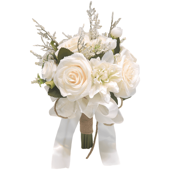 Korean Style Wedding Bouquet, White Cream Artificial Rose Flowers with Silk Ribbons, Rustic Handheld Decor Prop for Brides, Maid of Honor, Registration, Forest Themed Wedding Photoshoots