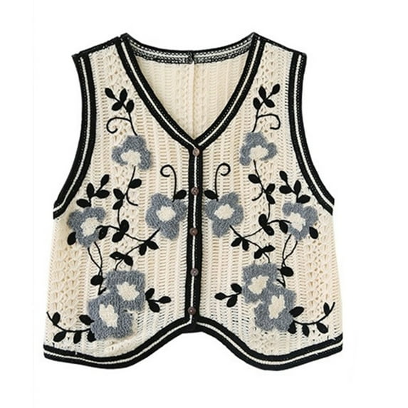 Korean Style Women Crochet Knit Crop Top Vest Vintage Floral Embroidery Sleeveless Cardigan Jacket Button Down Boho Hippie Slim Waistcoat