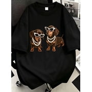 Korean Style Womens Dachshund T-Shirt Cute Dog Pattern Crew Neck Short Sleeve Matching For Casual Wear Vacation And Everyday Clothing
