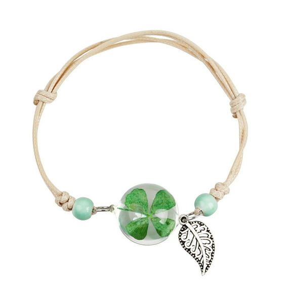 Women's Dried Flower Bracelet with Glass Ball Korean Leaf Design Alloy Herbarium Bracelet Dandelion and Clover Charm