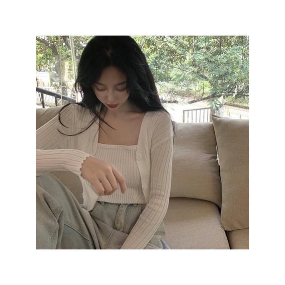 Korean Style Womne's Fashion Sexy Solid Color Sling + Knit Cardigan Two-piece Sets
