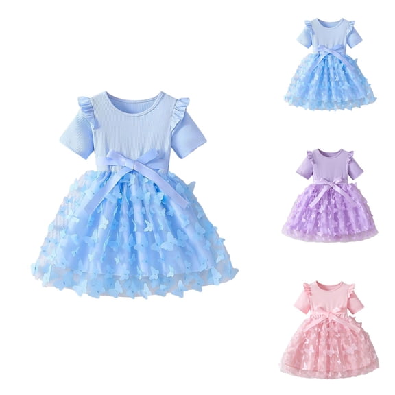 Korean Tulle Floral Princess Dress – Short Sleeve Butterfly Accent Gown Ages 12M-7Y, Birthday & Party Celebration Wear, Dreamy Match to Pink Dress for Girls Looks