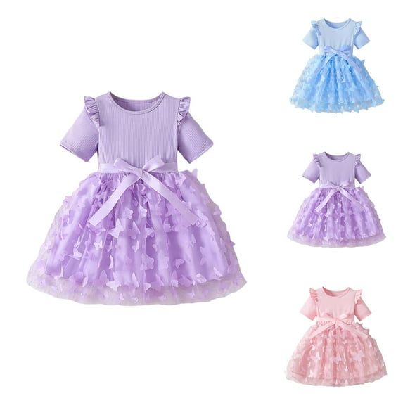 Korean Tulle Floral Princess Dress – Short Sleeve Butterfly Accent Gown Ages 12M-7Y, Birthday & Party Celebration Wear, Dreamy Match to Pink Dress for Girls Looks