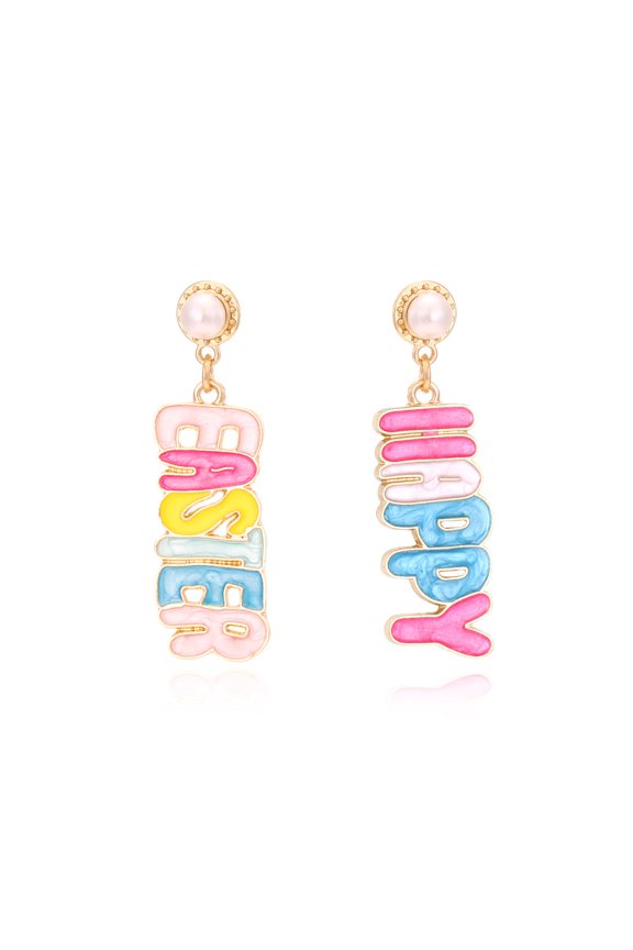 Korean Unique Style Asymmetrical HAPPY English Letter Earrings Sweet and Cute Alloy Enamel Letter Drop Earrings