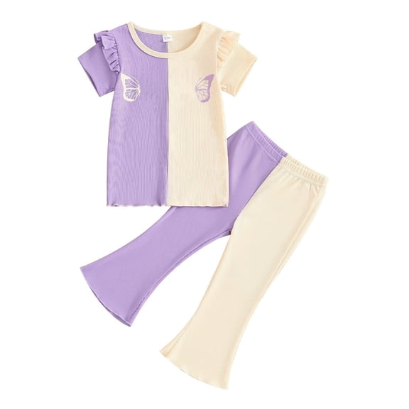 Korean Version Of Children's Clothing New Casual Strip Short Sleeved Small Girls Butterfly Color T Shirt Flared Trousers Two Set