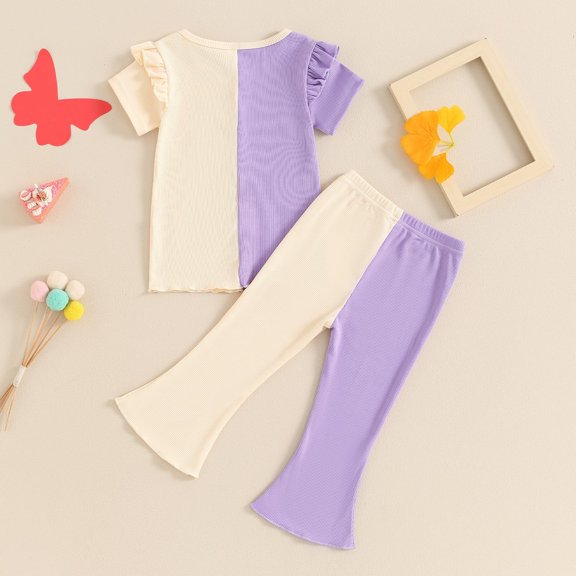 Korean Version Of Children's Clothing New Casual Strip Short Sleeved Small Girls Butterfly Color T Shirt Flared Trousers Two Set