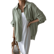 Korean Version Of Pol Collar Long Sleeve Pure Flax Loose Shirt Female Spring And Summer, New And Collapsed Shoulder Sleeve Tail Tail Shirt Large Size Mint Green Free Size