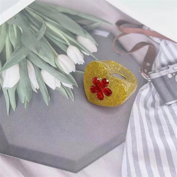 Korean Version Of Resin Flower Color Diamond Love Heart Glitter Sequin Ring Women