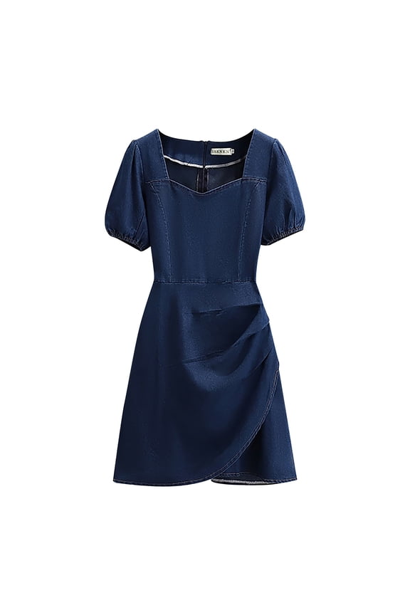 Korean Version Of The Real Big Size Mm Casual Commute In The Long Denim Pullover Short Sleeve Dress Female